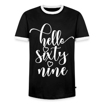 Hello Sixty Nine Cute 69 Years Old Birthday - Men's Ringer Shirt - black/white - Front - AI Model Female 172 light (172cm) & AI Model Male 178 light (178cm)