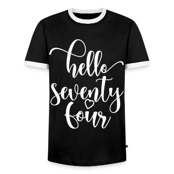 Hello Seventy Four Cute 74 Years Old Birthday - Men's Ringer Shirt - black/white - Front - AI Model Female 172 light (172cm) & AI Model Male 178 light (178cm)