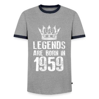 1959 legends born in - Men's Ringer Shirt - grey/navy  - Front - AI Model Female 172 light (172cm) & AI Model Male 178 light (178cm)