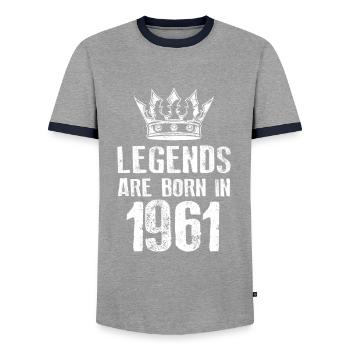 1961 legends born in - Men's Ringer Shirt - grey/navy  - Front - AI Model Female 172 light (172cm) & AI Model Male 178 light (178cm)