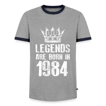1984 legends born in - Men's Ringer Shirt - grey/navy  - Front - AI Model Female 172 light (172cm) & AI Model Male 178 light (178cm)