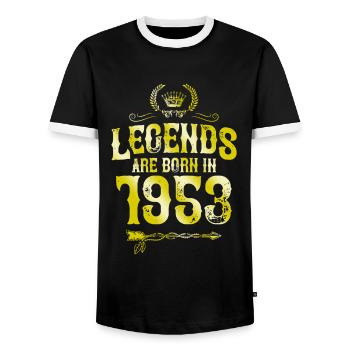 1953 legends born in - Männer Kontrast-T-Shirt - Schwarz/Weiß - Vorne - AI Model Female 172 light (172cm) & AI Model Male 178 light (178cm)