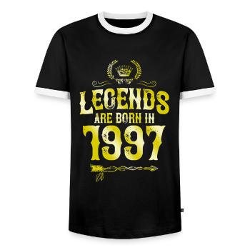 1997 legends born in - Men's Ringer Shirt - black/white - Front - AI Model Female 172 light (172cm) & AI Model Male 178 light (178cm)
