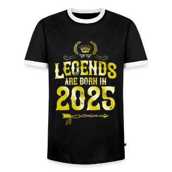 2025 legends born in - Men's Ringer Shirt - black/white - Front - AI Model Female 172 light (172cm) & AI Model Male 178 light (178cm)