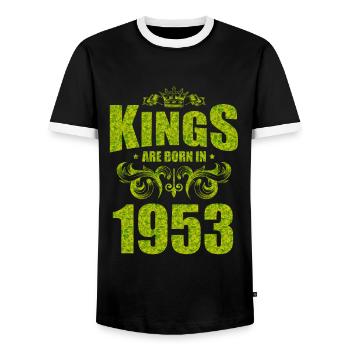 kings are born 1953 - Men's Ringer Shirt - black/white - Front - AI Model Female 172 light (172cm) & AI Model Male 178 light (178cm)