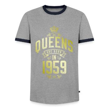 Queens born in 1959 - Men's Ringer Shirt - grey/navy  - Front - AI Model Female 172 light (172cm) & AI Model Male 178 light (178cm)