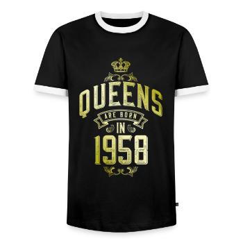 Queens born in 1958 - Men's Ringer Shirt - black/white - Front - AI Model Female 172 light (172cm) & AI Model Male 178 light (178cm)