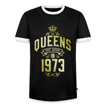 Queens born in 1973 - Men's Ringer Shirt - black/white - Front - AI Model Female 172 light (172cm) & AI Model Male 178 light (178cm)