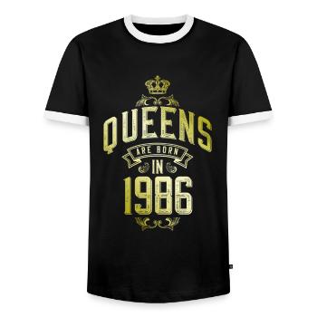 Queens born in 1986 - Men's Ringer Shirt - black/white - Front - AI Model Female 172 light (172cm) & AI Model Male 178 light (178cm)