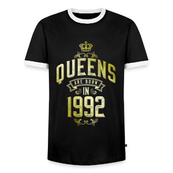Queens born in 1992 - Men's Ringer Shirt - black/white - Front - AI Model Female 172 light (172cm) & AI Model Male 178 light (178cm)