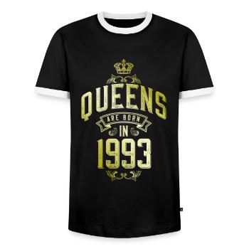Queens born in 1993 - Men's Ringer Shirt - black/white - Front - AI Model Female 172 light (172cm) & AI Model Male 178 light (178cm)