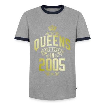 Queens born in 2005 - Men's Ringer Shirt - grey/navy  - Front - AI Model Female 172 light (172cm) & AI Model Male 178 light (178cm)