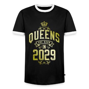 Queens born in 2029 - Men's Ringer Shirt - black/white - Front - AI Model Female 172 light (172cm) & AI Model Male 178 light (178cm)