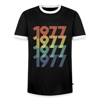 Cool Retro 1977, 45 Years Old, 45th Birthday Gift - Men's Ringer Shirt - black/white - Front - AI Model Female 172 light (172cm) & AI Model Male 178 light (178cm)