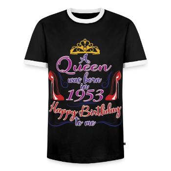 A Queen Was Born In 1953 - 70 Years Old Birthday - Men's Ringer Shirt - black/white - Front - AI Model Female 172 light (172cm) & AI Model Male 178 light (178cm)