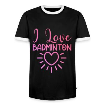 I love badminton - Men's Ringer Shirt - black/white - Front - AI Model Female 172 light (172cm) & AI Model Male 178 light (178cm)