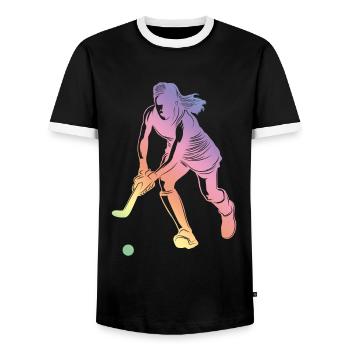 Field Hockey Sport Silhouette - Men's Ringer Shirt - black/white - Front - AI Model Female 172 light (172cm) & AI Model Male 178 light (178cm)