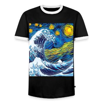 Kanagawa Waves Aesthetic Japanese Art Great Wave - Men's Ringer Shirt - black/white - Front - AI Model Female 172 light (172cm) & AI Model Male 178 light (178cm)