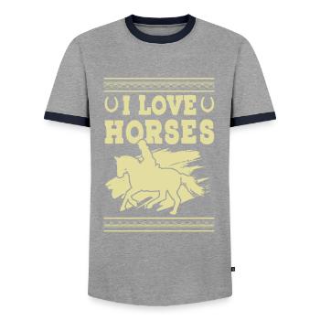 J’aime les chevaux - T-shirt contrasté Homme - gris/marine  - Devant - AI Model Female 172 light (172cm) & AI Model Male 178 light (178cm)