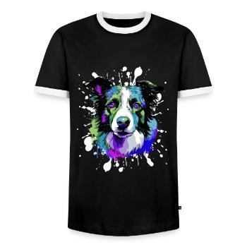 Border Collie Chien Tête Portrait Coloré - T-shirt contrasté Homme - noir/blanc - Devant - AI Model Female 172 light (172cm) & AI Model Male 178 light (178cm)