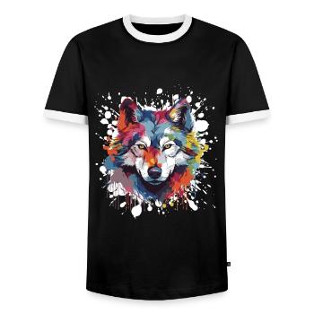 Wolf Pop Art Head - Men's Ringer Shirt - black/white - Front - AI Model Female 172 light (172cm) & AI Model Male 178 light (178cm)
