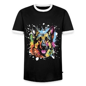 German Shepherd Dog Pop Art Head - Men's Ringer Shirt - black/white - Front - AI Model Female 172 light (172cm) & AI Model Male 178 light (178cm)