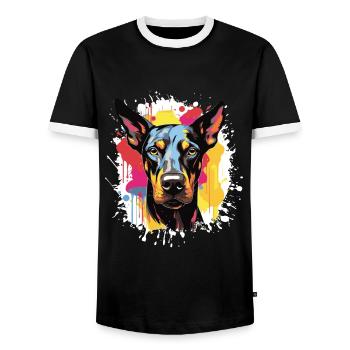 Doberman Dog Pop Art Head - Men's Ringer Shirt - black/white - Front - AI Model Female 172 light (172cm) & AI Model Male 178 light (178cm)