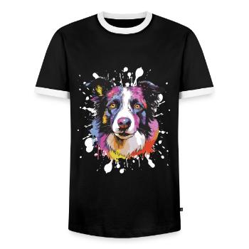 Border Collie Dog Pop Art Head - Men's Ringer Shirt - black/white - Front - AI Model Female 172 light (172cm) & AI Model Male 178 light (178cm)
