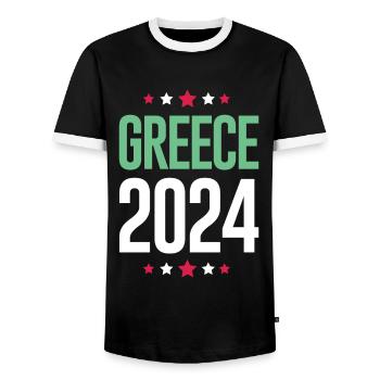 Greece 2024 Holidays - Men's Ringer Shirt - black/white - Front - AI Model Female 172 light (172cm) & AI Model Male 178 light (178cm)