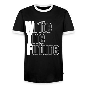 WTF - Write The Future - Men's Ringer Shirt - black/white - Front - AI Model Female 172 light (172cm) & AI Model Male 178 light (178cm)
