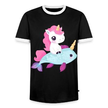 La licorne monte sur le poisson - T-shirt contrasté Homme - noir/blanc - Devant - AI Model Female 172 light (172cm) & AI Model Male 178 light (178cm)