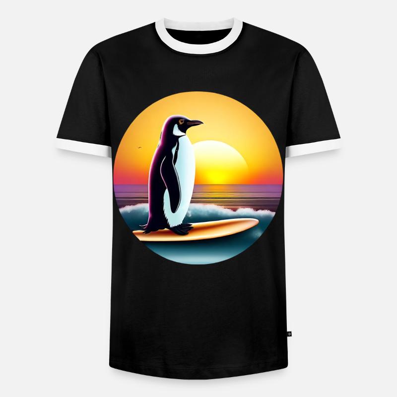Pinguin Surfer - Männer Kontrast-T-Shirt - Schwarz/Weiß
