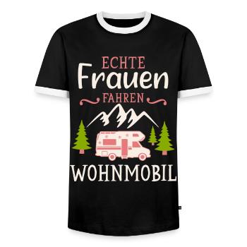Camping Frauen Wohnmobil Camper Campingplatz - Männer Kontrast-T-Shirt - Schwarz/Weiß - Vorne - AI Model Female 172 light (172cm) & AI Model Male 178 light (178cm)
