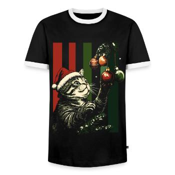 Katze Weihnachten Lichterkette Weihnachtsbaum - Männer Kontrast-T-Shirt - Schwarz/Weiß - Vorne - AI Model Female 172 light (172cm) & AI Model Male 178 light (178cm)