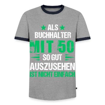 At 50 handsome accountant - Men's Ringer Shirt - grey/navy  - Front - AI Model Female 172 light (172cm) & AI Model Male 178 light (178cm)