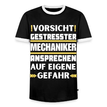 Don't talk to a stressed mechanic! - Men's Ringer Shirt - black/white - Front - AI Model Female 172 light (172cm) & AI Model Male 178 light (178cm)