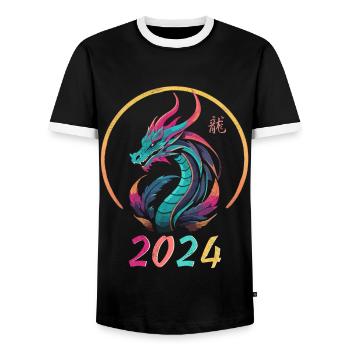 Année du dragon 2024 - T-shirt contrasté Homme - noir/blanc - Devant - AI Model Female 172 light (172cm) & AI Model Male 178 light (178cm)