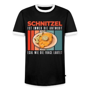 Wiener Schnitzel Kalbfleisch Österreich - Antwort - Männer Kontrast-T-Shirt - Schwarz/Weiß - Vorne - AI Model Female 172 light (172cm) & AI Model Male 178 light (178cm)