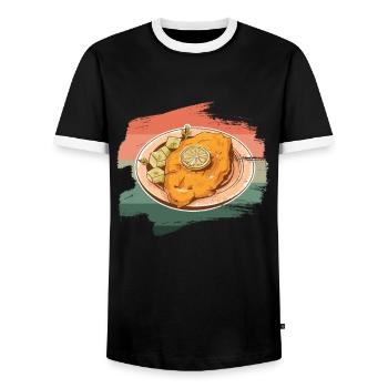 Wiener Schnitzel Kalbfleisch Österreich Grafik - Männer Kontrast-T-Shirt - Schwarz/Weiß - Vorne - AI Model Female 172 light (172cm) & AI Model Male 178 light (178cm)