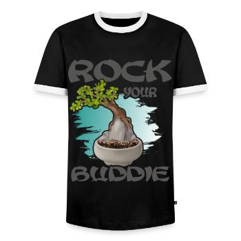 BONSAI-Baum auf dem Stein Yamadori Bonsaimeister - Männer Kontrast-T-Shirt - Schwarz/Weiß - Vorne - AI Model Female 172 light (172cm) & AI Model Male 178 light (178cm)
