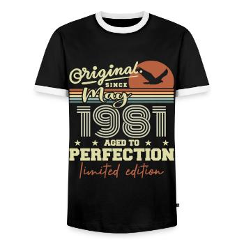 May 1981 | May 1981 May 1981 Birthday Gift - Men's Ringer Shirt - black/white - Front - AI Model Female 172 light (172cm) & AI Model Male 178 light (178cm)