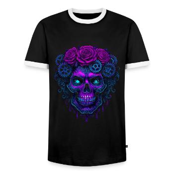 Crâne cybernétique néon avec engrenages roses - T-shirt contrasté Homme - noir/blanc - Devant - AI Model Female 172 light (172cm) & AI Model Male 178 light (178cm)