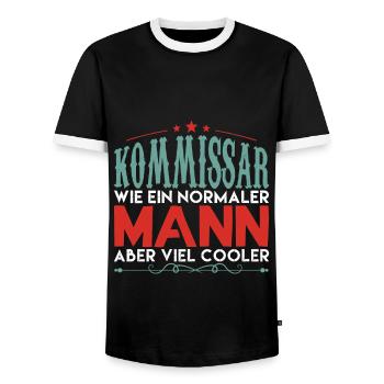 KOMMISSAR WIE EIN NORMALER MANN ABER VIEL COOLER ! - Männer Kontrast-T-Shirt - Schwarz/Weiß - Vorne - AI Model Female 172 light (172cm) & AI Model Male 178 light (178cm)