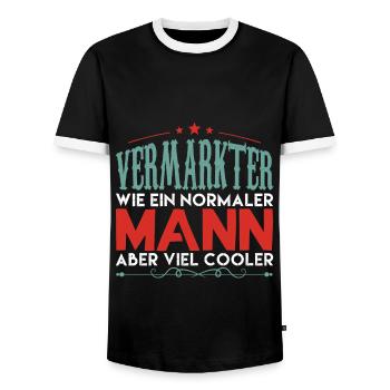 VERMARKTER WIE EIN NORMALER MANN ABER VIEL COOLER - Männer Kontrast-T-Shirt - Schwarz/Weiß - Vorne - AI Model Female 172 light (172cm) & AI Model Male 178 light (178cm)