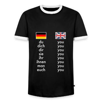 English German Grammar Learning Funny Teachers - Men's Ringer Shirt - black/white - Front - AI Model Female 172 light (172cm) & AI Model Male 178 light (178cm)
