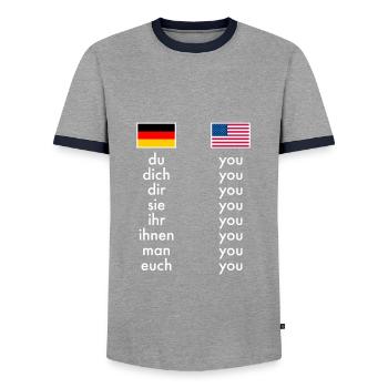 Englisch Deutsch Grammatik Lernen Witzige Lehrer - Männer Kontrast-T-Shirt - Grau/Navy  - Vorne - AI Model Female 172 light (172cm) & AI Model Male 178 light (178cm)