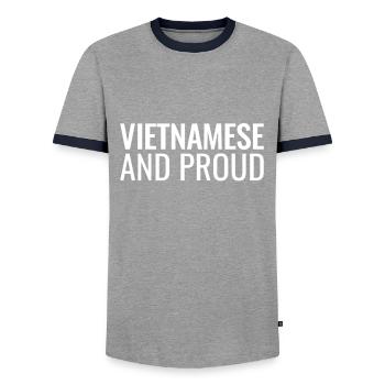 Vietnamien et fier Vietnam Vietnamesische - T-shirt contrasté Homme - gris/marine  - Devant - AI Model Female 172 light (172cm) & AI Model Male 178 light (178cm)
