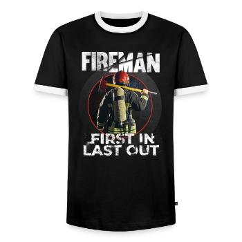 Fireman - First In Last Out - Firegfighter - Men's Ringer Shirt - black/white - Front - AI Model Female 172 light (172cm) & AI Model Male 178 light (178cm)