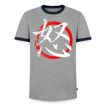 Japanese Symbol For Anger - Japanese Kanji - Men's Ringer Shirt - grey/navy  - Front - AI Model Female 172 light (172cm) & AI Model Male 178 light (178cm)