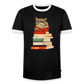 Bookworm Cat Reading Glasses Book Nerd Funny Book - Men's Ringer Shirt - black/white - Front - AI Model Female 172 light (172cm) & AI Model Male 178 light (178cm)